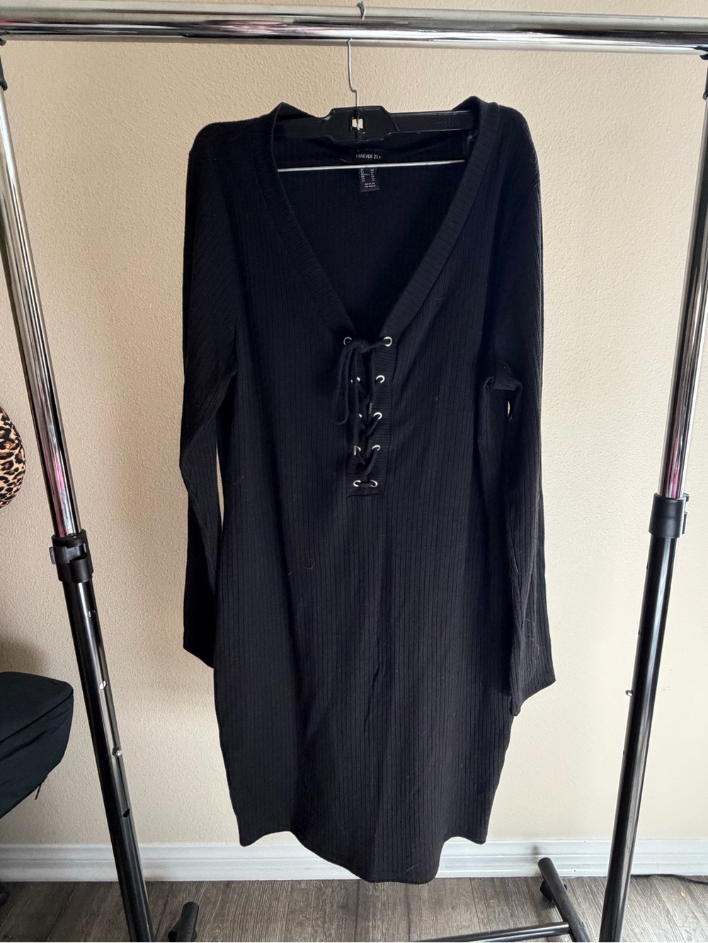 Forever 21 Black Lace-Up Ribbed Long Sleeve Dress